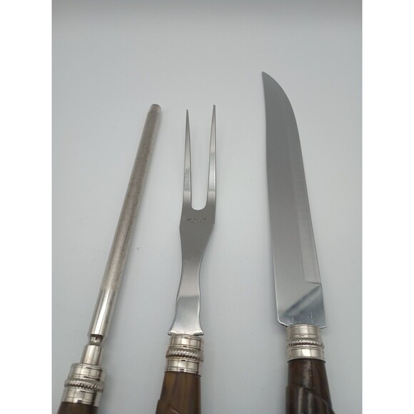 Sheffield Carving Set Bakelite Swirled Butterschotch MCM Fork Knife Sharpen Rod - Picture 2 of 10